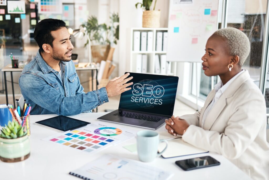Business presentation, seo training and communication with seminar and analytics of a worker. Works