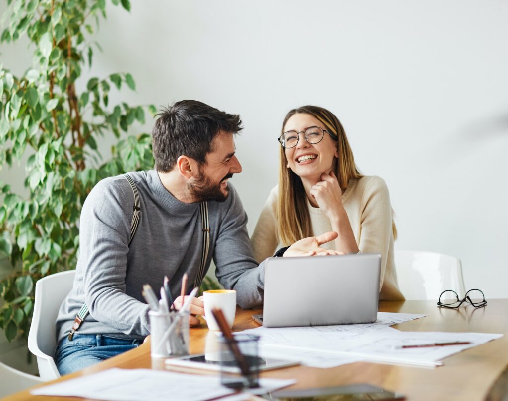 young business people meeting office teamwork happy man woman businessman start up fun couple love