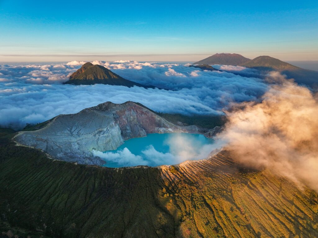 Aerial view of mount Kawah Ijen volcano crater at sunrise, East Java, Indonesia
