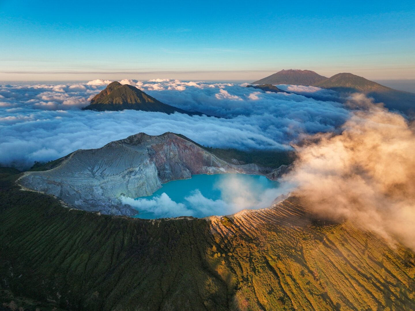 Aerial view of mount Kawah Ijen volcano crater at sunrise, East Java, Indonesia